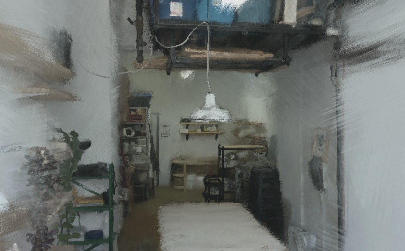 A captured ceramic studio with pottery, shelves, and worktables.